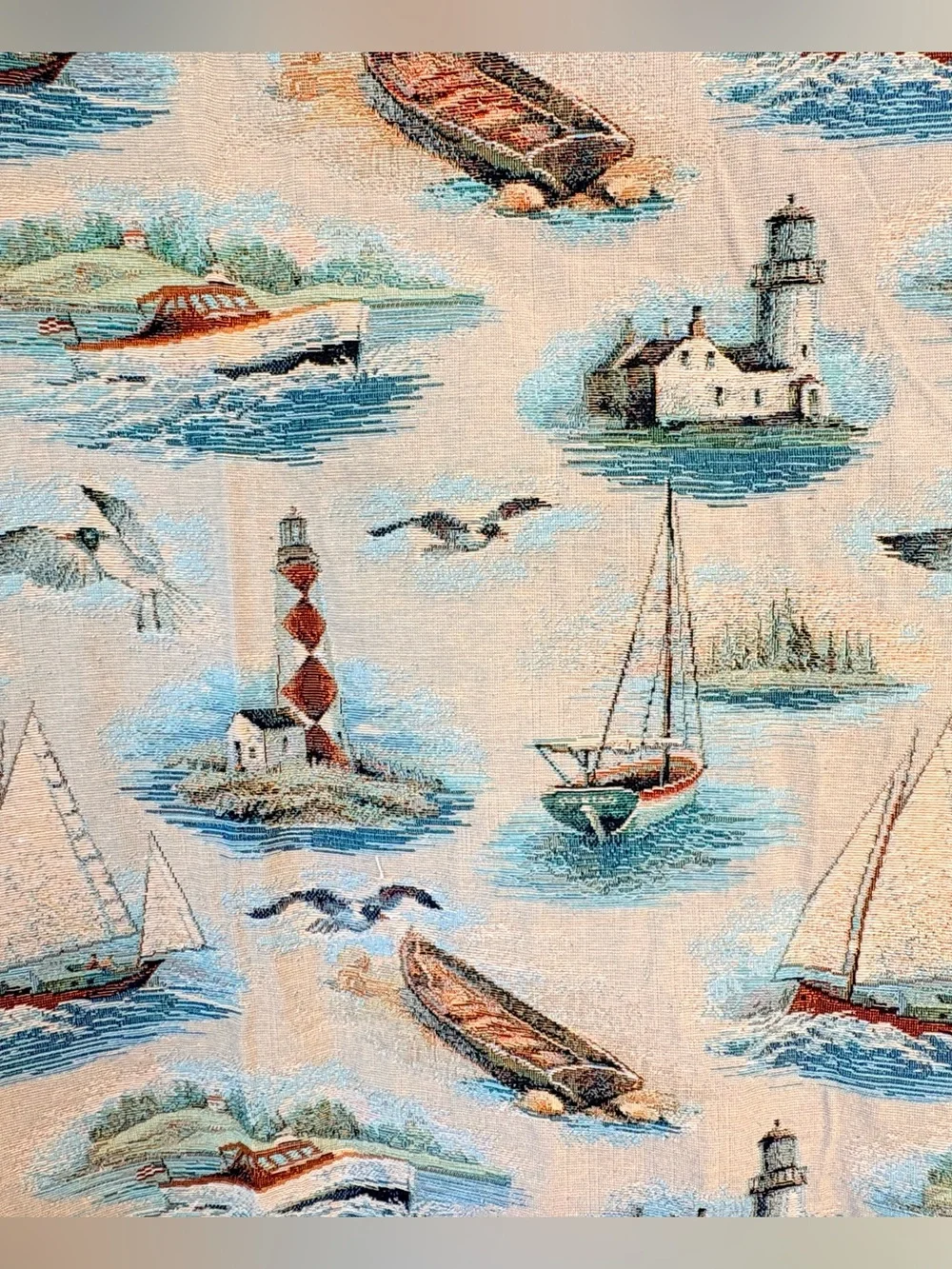 Vintage Jaccquard Nautical Sailing Lighthouse Tapestry Upholstery Fabric 60”x70”